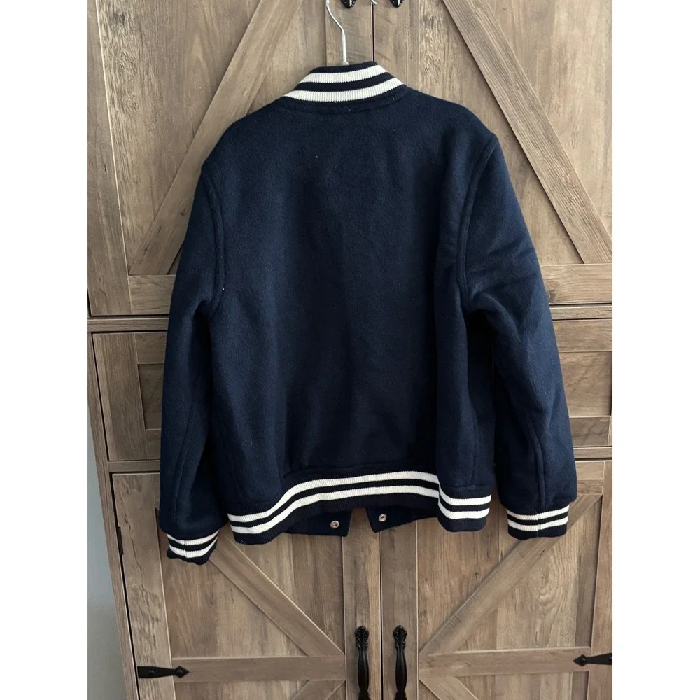 Gap Kids Wool Blend Varsity Jacket Navy Blue Striped Trim Bomber 428484-00-1 M 8